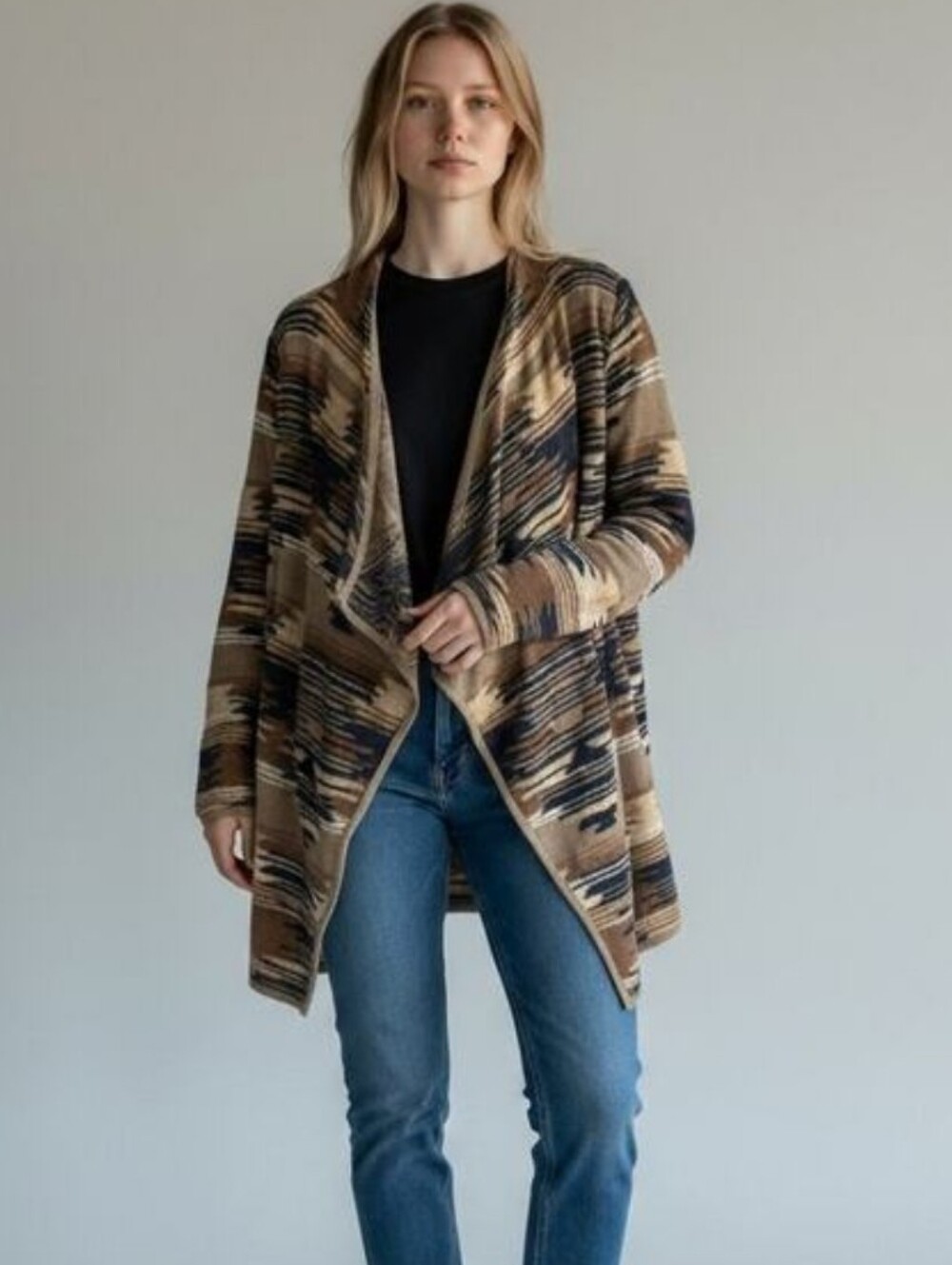 Lucky Brand Striped Open-Front Cardigan in Brown, Navy & Cream